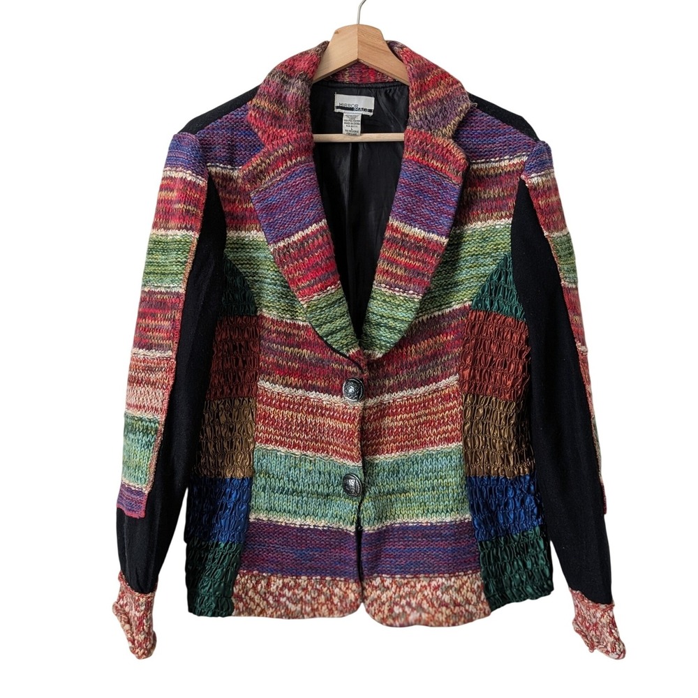 Vintage Womens Patchwork Knit Blazer Multi Color Mixed Media Jacket Maximalist L